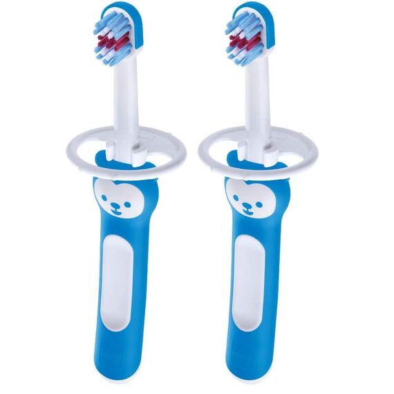 MAM Baby's Brush Zahnbürste für Neugeborene, mit Sicherheitsring, kleiner Kopf und kurzem Griff, für Milchzähne, 6+ Monate, Hellblau (Packung mit 2)