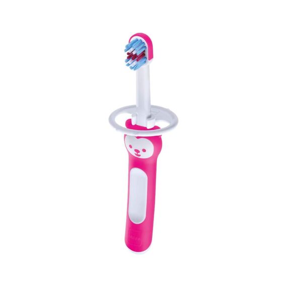 MAM Baby's Brush Zahnbürste für Neugeborene, mit Sicherheitsring, kleiner Kopf und kurzem Griff, für Milchzähne, 6+ Monate, Rosa