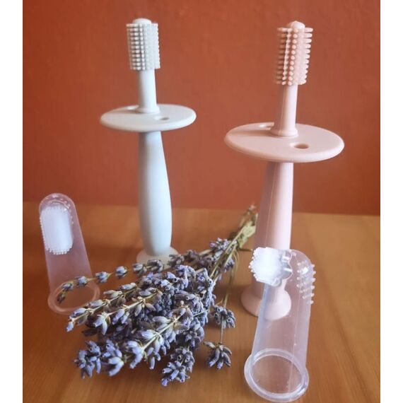 PandaEar 4er Silikon Baby Zahnbürste und Fingerzahnbürste Zahnpflege| Saugnapf-Design Weiche Mundpflege Beißspielzeug Mündliche Massagegerät für Baby und Kleinkinder, BPA Frei, Rosa+Blau