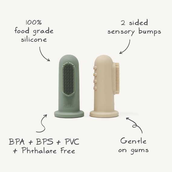 Mushie Fingerzahnbürste für Babys & Kleinkinder 2er Packung | Beruhigen & Stimuliert das Zahnfleisch, 0-2 Jahre | Sichere & Hochwertige für Kinder Jungs & Mädchen | Cambridge Blau/Shifting Sand