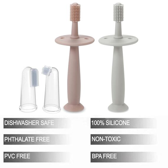 PandaEar 4er Silikon Baby Zahnbürste und Fingerzahnbürste Zahnpflege| Saugnapf-Design Weiche Mundpflege Beißspielzeug Mündliche Massagegerät für Baby und Kleinkinder, BPA Frei, Rosa+Blau