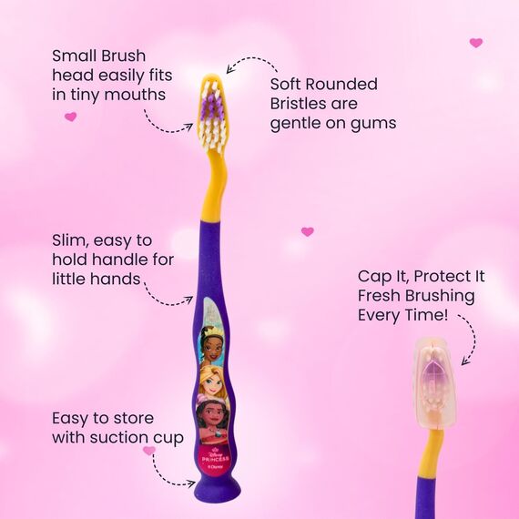 Mr.White Prinzessinnenbeutel Set für Kinder - Zahnbürste mit Saugnapf am Boden, Borstenabdeckung, zarte Kinderzahnpasta mit Minzgeschmack, Format 75 ml und Glas