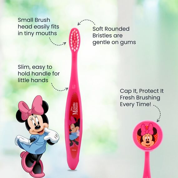 Disney Minnie Mouse Kinder-Zahnbürsten-Set – weiche Zahnbürste mit Schutzkappe, Zahnpasta mit Minzgeschmack und Mehrzweck-Becher, reisefreundliches Mundpflege-Set für Kinder ab 3 Jahren