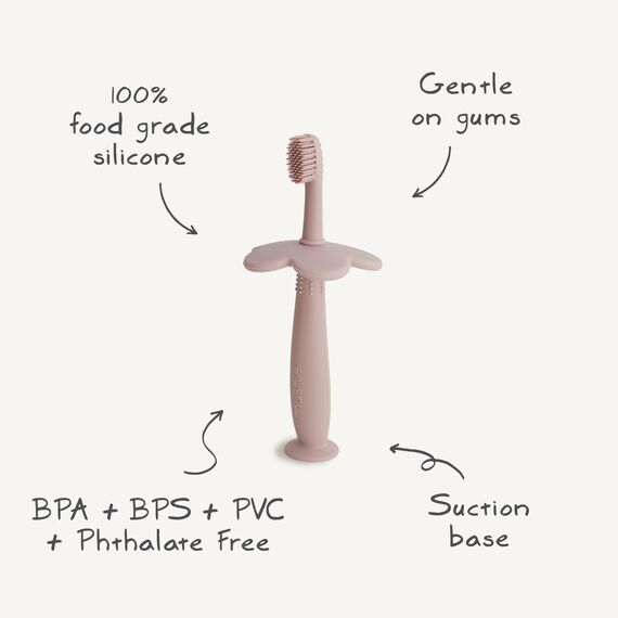 Mushie Kinderzahnbürste Blumen Design | Handzahnbürste für kinder mit Saugnapf, 0-6 Jahre | Stimuliert Zähne & Zahnfleisch, extra weiche Bürste | Sichere & Hochwertige | Soft Lilac