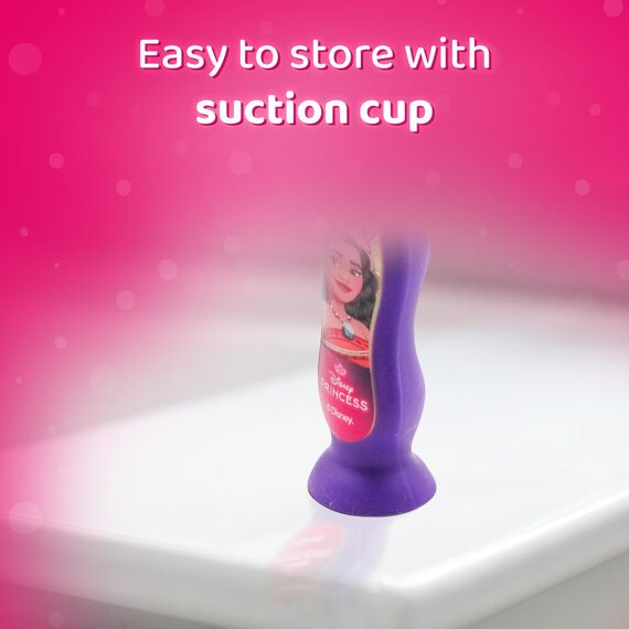 Mr. White Princess Kids Zahnbürste mit Schutzkappe, Saugnapf, bequemem Griff und weichen Borsten für Kinder - Pink