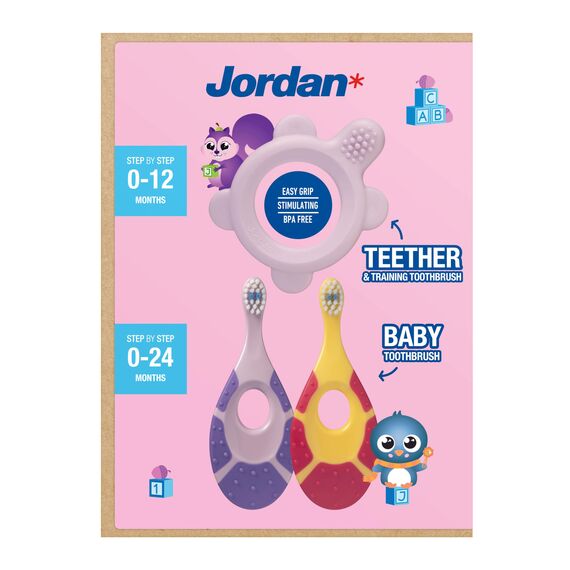 Jordan* ® | Step 0 Beißring & Trainingszahnbürste | BPA-frei, hygienisch, 2-in-1-Lösung für Zahnen und frühes Zähneputzen für Babys | 1 Beißring + 2 Step 1 Baby-Zahnbürste | Rosa