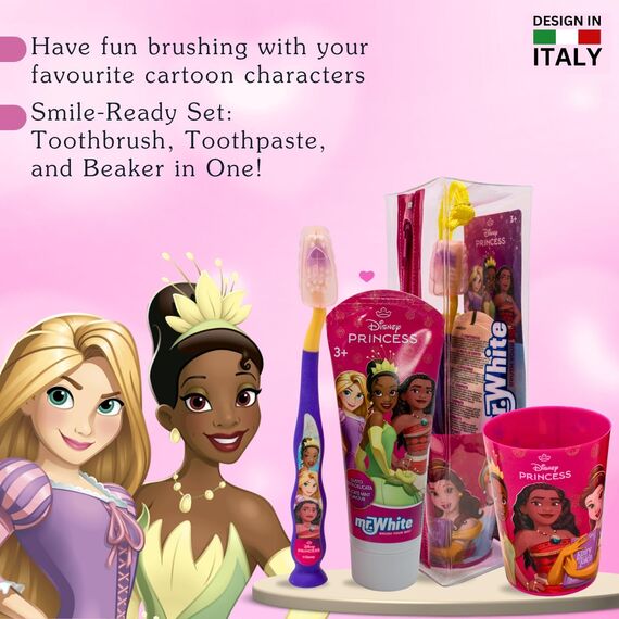 Mr.White Prinzessinnenbeutel Set für Kinder - Zahnbürste mit Saugnapf am Boden, Borstenabdeckung, zarte Kinderzahnpasta mit Minzgeschmack, Format 75 ml und Glas