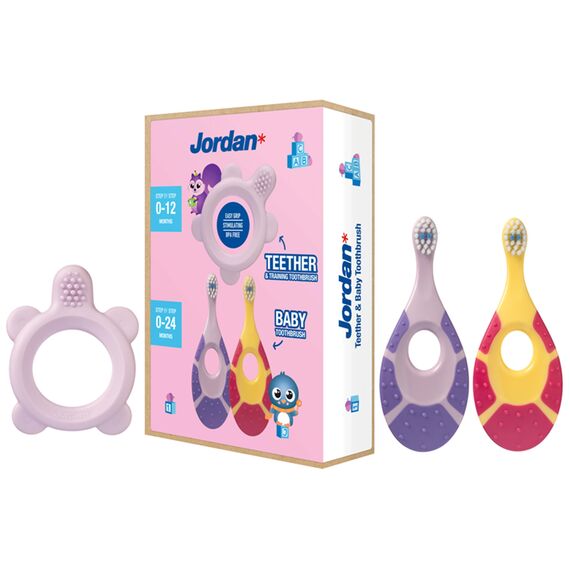 Jordan* ® | Step 0 Beißring & Trainingszahnbürste | BPA-frei, hygienisch, 2-in-1-Lösung für Zahnen und frühes Zähneputzen für Babys | 1 Beißring + 2 Step 1 Baby-Zahnbürste | Rosa