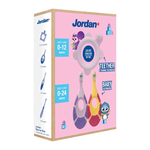Jordan* ® | Step 0 Beißring & Trainingszahnbürste | BPA-frei, hygienisch, 2-in-1-Lösung für Zahnen und frühes Zähneputzen für Babys | 1 Beißring + 2 Step 1 Baby-Zahnbürste | Rosa