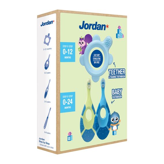 Jordan* ® | Step 0 Beißring & Trainingszahnbürste | BPA-frei, hygienisch, 2-in-1-Lösung für Zahnen und frühes Zähneputzen für Babys | 1 Beißring + 2 Step 1 Baby-Zahnbürste | Blau
