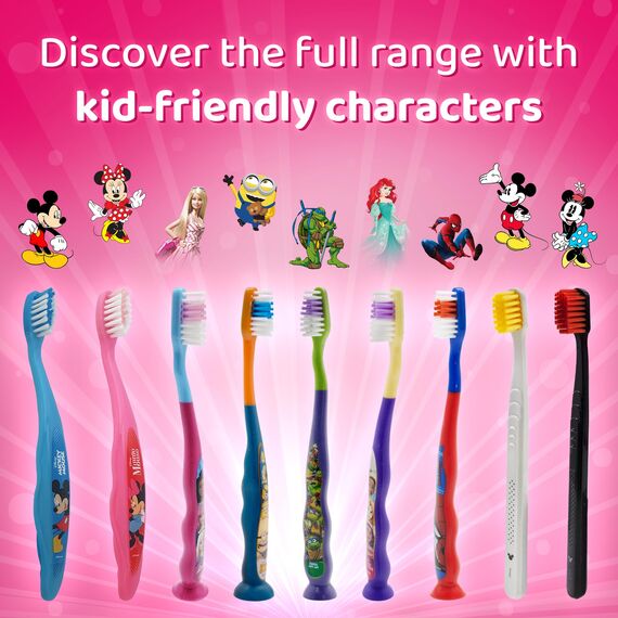 Mr. White Princess Kids Zahnbürste mit Schutzkappe, Saugnapf, bequemem Griff und weichen Borsten für Kinder - Pink