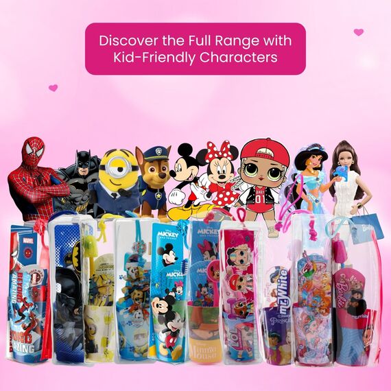 Mr.White Prinzessinnenbeutel Set für Kinder - Zahnbürste mit Saugnapf am Boden, Borstenabdeckung, zarte Kinderzahnpasta mit Minzgeschmack, Format 75 ml und Glas