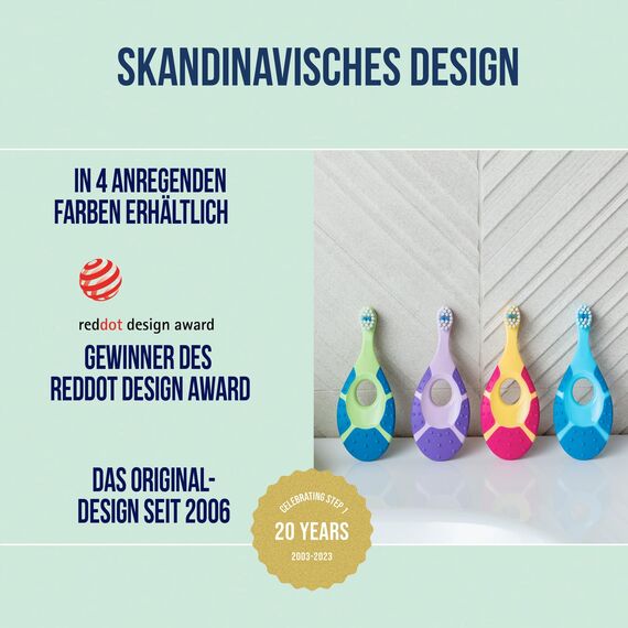 Jordan ® | Step 1 Baby Zahnbürste | Baby Zahnbürste 0-2 Jahre | Die Original Kleinkindzahnbürste mit extra weichen Borsten und weichem Beißring für Babygummis und Easy Grip | Blau und Grün | 2-pack