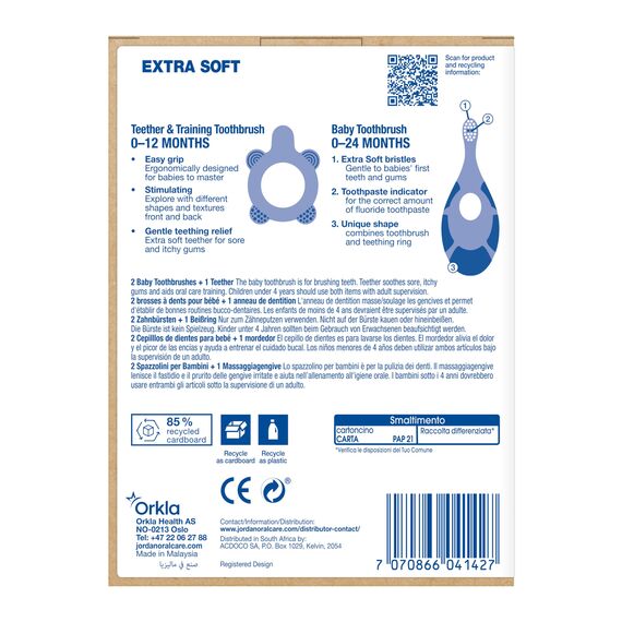 Jordan* ® | Step 0 Beißring & Trainingszahnbürste | BPA-frei, hygienisch, 2-in-1-Lösung für Zahnen und frühes Zähneputzen für Babys | 1 Beißring + 2 Step 1 Baby-Zahnbürste | Blau