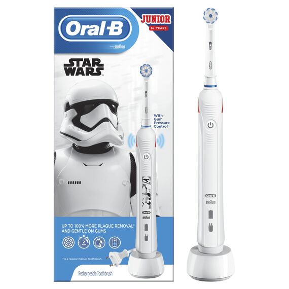 Oral-B Kids Junior Wiederaufladbare elektrische Zahnbürste, Star Wars, 2 Modi, tägliche und empfindliche Reinigung, Drucksensor, 1 Bürstenkopf für Staub, Kinder von 6 bis 12 Jahren