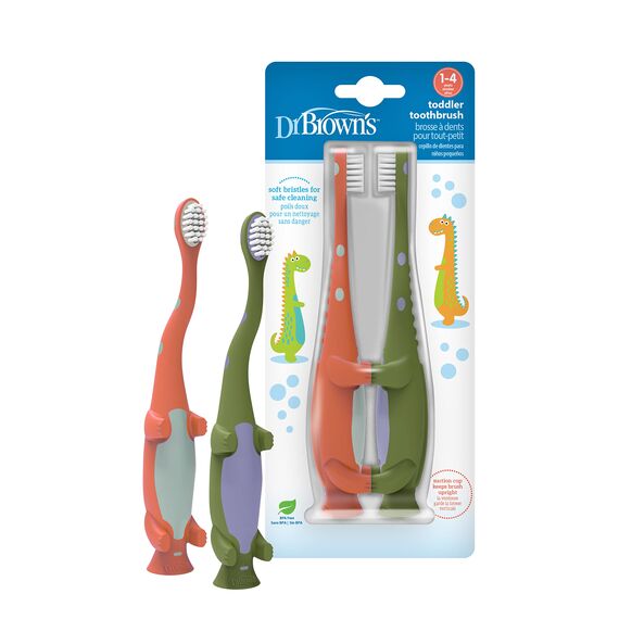 Dr. Brown's Kleinkind-Zahnbürste, Dinosaurier, Grün und Orange, 2er-Pack