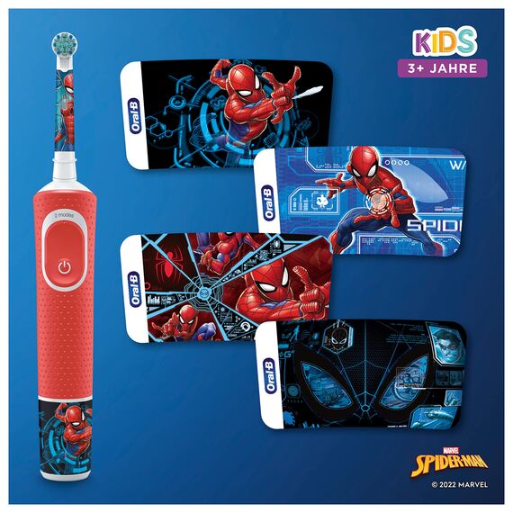 Oral-B Kids Spiderman Elektrische Zahnbürste für Kinder ab 3 Jahren, extra weiche Borsten, 2 Putzmodi inkl. Sensitiv, Timer, 4 Spiderman-Sticker, rot