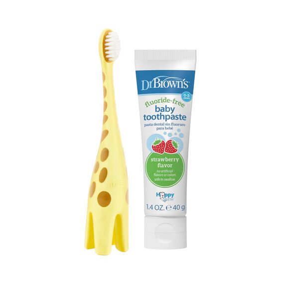 Aduoke Dr. Brown’s Infant-to-Toddler Training Toothbrush Set, Giraffe with Fluoride-Free Strawberry Baby Toothpaste, 0-3 years