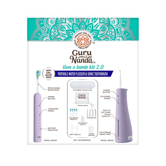 GuruNanda Lion & Lamb Kit 2.0 Elektrische Zahnbürste mit Wasser Flosser Combo, 4 Strahlspitzen, 4 Bürstenköpfen, IPX7 wasserdichtes Design für komplette Mundpflege, Lavendel