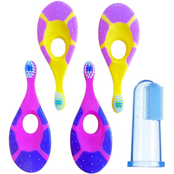 Baby-Zahnbürste ab 12 Monaten, Kleinkind-Zahnbürste, weiche Borsten, Bürstenköpfe in Kindergröße, Kinderzahnbürste, einfache Aufbewahrung, Mädchen-Set (4er-Pack, Rosa und Violett)