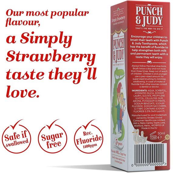 Punch and Judy Punch & Judy Kinderzahncreme - Einfach Erdbeer-Geschmack, 3+ Jahre, Fluor, zuckerfrei (3 x 50 ml)