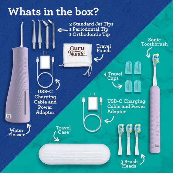 GuruNanda Lion & Lamb Kit 2.0 Elektrische Zahnbürste mit Wasser Flosser Combo, 4 Strahlspitzen, 4 Bürstenköpfen, IPX7 wasserdichtes Design für komplette Mundpflege, Lavendel