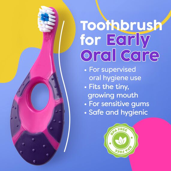 Baby-Zahnbürste ab 12 Monaten, Kleinkind-Zahnbürste, weiche Borsten, Bürstenköpfe in Kindergröße, Kinderzahnbürste, einfache Aufbewahrung, Mädchen-Set (4er-Pack, Rosa und Violett)