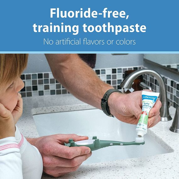 Aduoke Dr. Brown’s Infant-to-Toddler Training Toothbrush Set, Giraffe with Fluoride-Free Strawberry Baby Toothpaste, 0-3 years