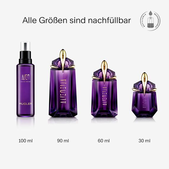 MUGLER Alien Eau de Parfum für Damen, Holzig-blumiges Parfum duftet nach Amber, Außergewöhnliches Duftspray, Nachfüllbar, 90 ml