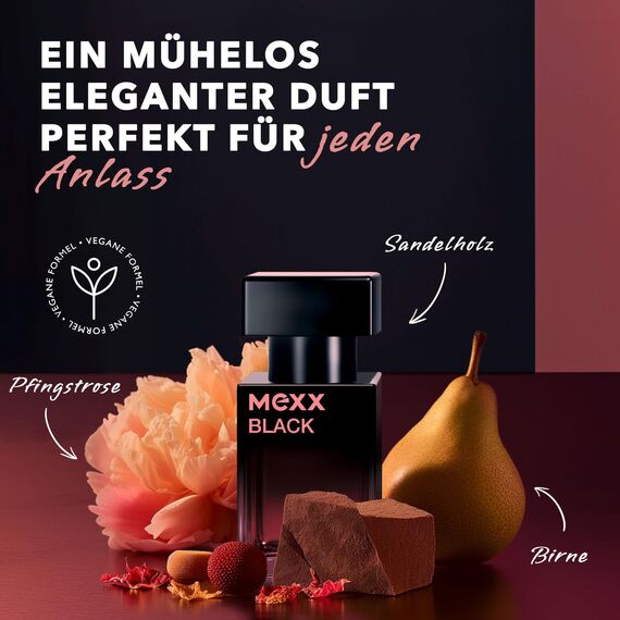 MEXX BLACK Woman Eau de Toilette, fesselnd-intensiver Duft fruchtiger Noten für sinnliche Frauen, 15ml