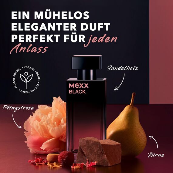 MEXX BLACK Woman Eau de Toilette, fesselnd-intensiver Duft fruchtiger Noten für sinnliche Frauen, 30ml