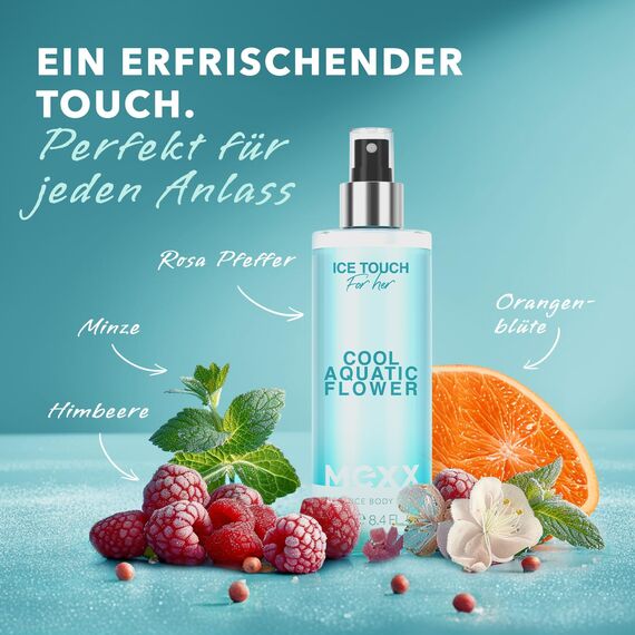 MEXX Ice Touch Woman Body Mist, belebendes, blumig-frisches Körperspray für Frauen, 250ML