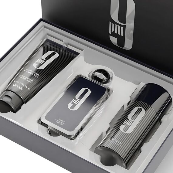 Afnan 9 PM Geschenkset, Eau de Parfum 100 ml, Shower Gel 200ml, Deo 250ml, für Herren, inspiriert von Jean Paul Gaultier
