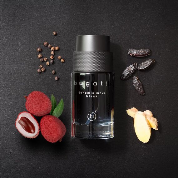 bugatti Parfüm Herren Dynamic Move BLACK 100ml I Orientalisch- Eau de Toilette I sinnlich-starke Kombination aus Kaschmirholz, Moschus & Litschi I fruchtig, frisch & holzig-warm