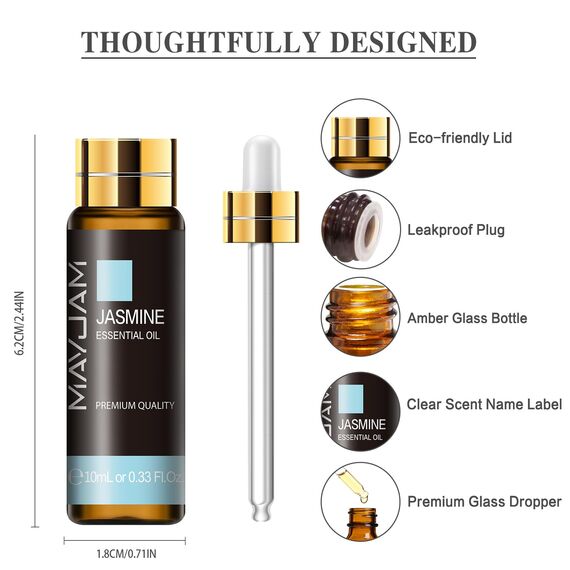 MAYJAM Jasmin Ätherisches Öl 10ML, Jasminöl für Diffusor, Luftbefeuchter, DIY, Home，Wardrobes