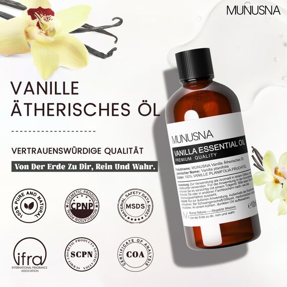 Ätherisches Öl Vanille 100ML, MUNUSNA Vanilleöl Ätherische Öle Naturrein Rein für Diffuser, Duftlampe, Luftbefeuchter, Duftöl Vanille für DIY Aroma Seife, Kerzen, Massage, Vanilla Oil