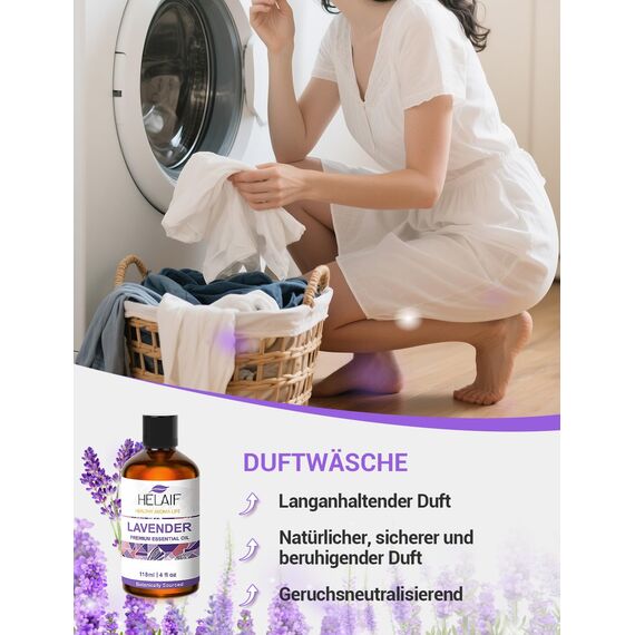 HELAIF Lavendelöl 118ml Ätherisches Lavendel Öl 100% Natürliches Lavandula Angustifolia, Für Aromatherapie Hautpflege Entspannend Fördert Schlaf Bäder und Kerzen DIY, Mit Messpipette