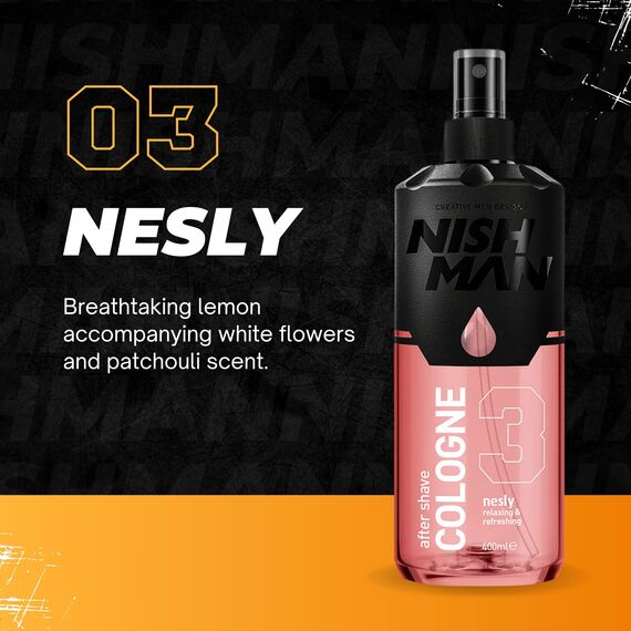 NISHMAN Aftershave Cologne 03 - Nesly 400ml – Erfrischende Sprüh-Lotion für Herren – Duft von Cremigem Heliotrop & Orientalischer Hibiskusblüte – Herren Kölnisch Wasser