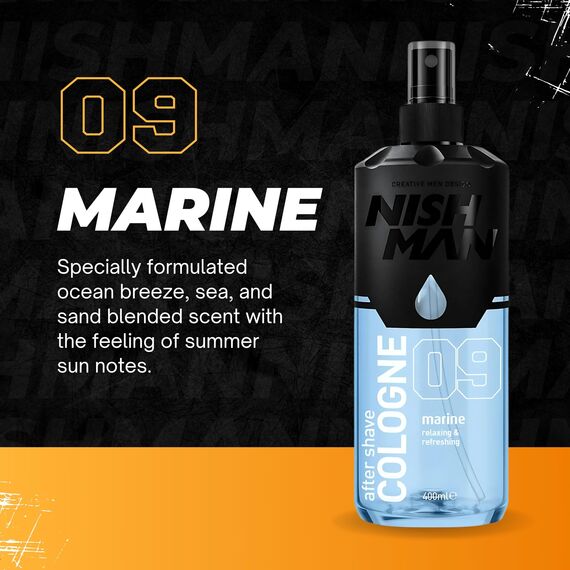 NISHMAN Aftershave Cologne 09 - Marine 400ml – Erfrischende Sprüh-Lotion für Herren – Duft von Sandelholz, Bergamot, Zitrone, Rose & Lilie – Herren Kölnisch Wasser