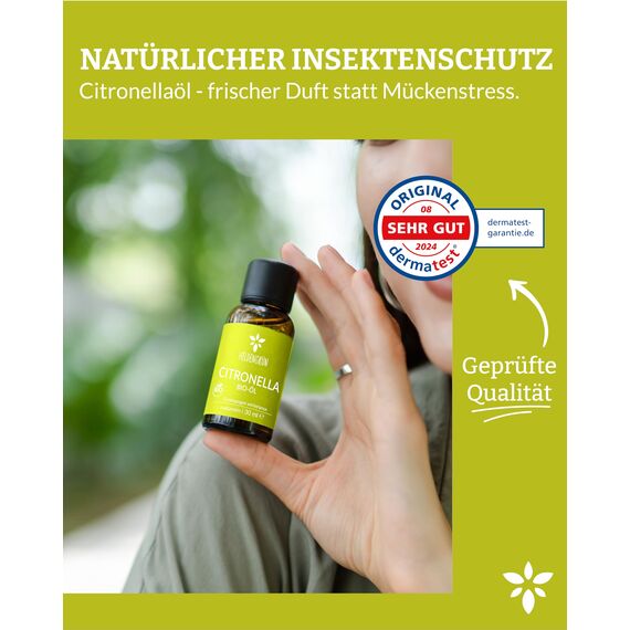 Heldengrün® BIO Citronellaöl [100% NATURREIN] Dermatologisch getestet - Echtes Citronella Öl - Zitronig, erfrischend & frisch - Duftöl Mücken - Citronella Oil - 2 x 30 ml
