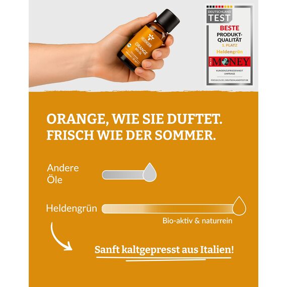 Heldengrün® BIO Orangenöl [100% NATURREIN] Kaltgepresst aus echten Orangen - Orangenöl zum Verzehr - Ätherisches Öl - Duftöl Orange Oil