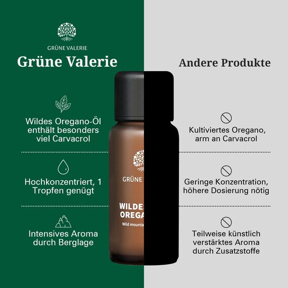 Wildes Berg Oregano Öl [HOCHDOSIERT, LABORGEPRÜFT & OHNE ZUSÄTZE] - 100% Naturrein mit +82% + Carvacrol - 10ml Naturwild aus Griechenland - Grüne Valerie