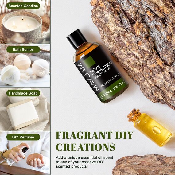 Ätherisches Öle Indisches Sandelholz 100ML, MAYJAM Indisches Sandelholzöl 100% Rein, Ideal für Lebenskraft Aromatherapie Diffuser Duftöl Massage