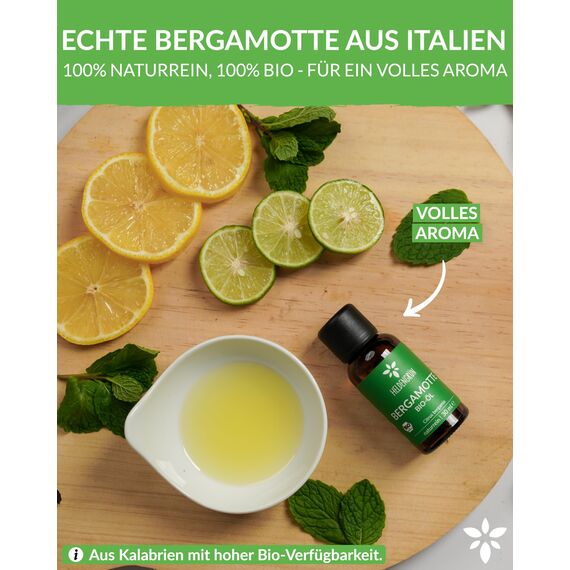 Heldengrün® BIO Bergamotte Öl - 100% Naturrein, Kaltgepresst aus Echten Bergamotten zum Verzehr - Ätherisches Bergamot Oil - 3 x 30 ml