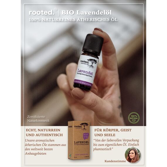rooted.® BIO Lavendelöl 10ml [100% NATURREIN] - Echter Lavendel - Lavandula angustifolia - Ätherisches Öl für Aromatherapie, Duftlampe, Diffusoren, Raumduft, Duftkerzen und -Seifen