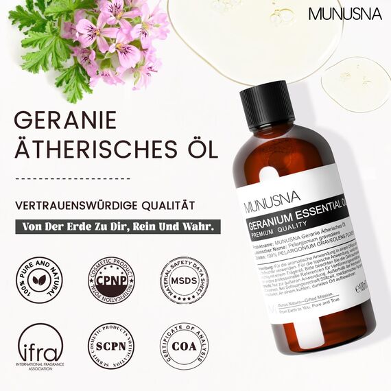Ätherisches Öl Geranienöl 100ML, MUNUSNA Ätherische Öle Geranie für Diffuser Rein Naturrein, Geraniumöl für Hautpflege, Raumdüfte, Duftöl für DIY Seife, Kerzen, Massage, Geranium Oil