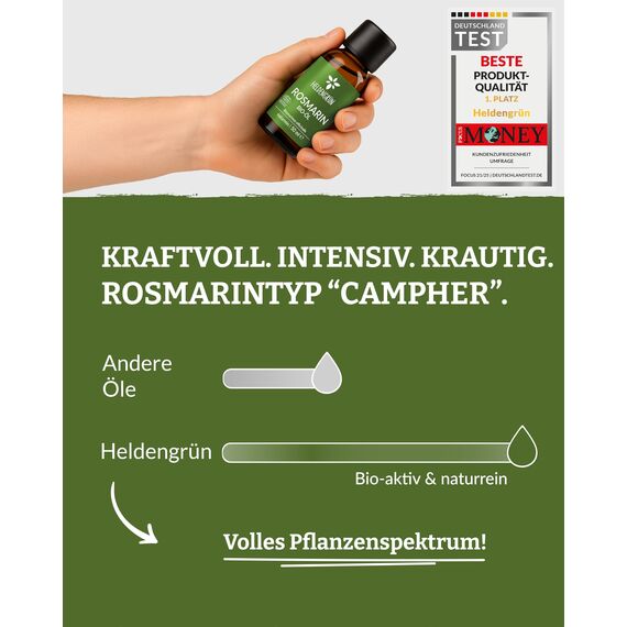 Heldengrün® BIO Rosmarinöl [HOCHDOSIERT] Natürlicher Haar-Booster - 100% naturreines Rosmarin Öl für Haare & Kopfhaut - Ätherisches Rosmarinöl Haare - 2 x 30 ml