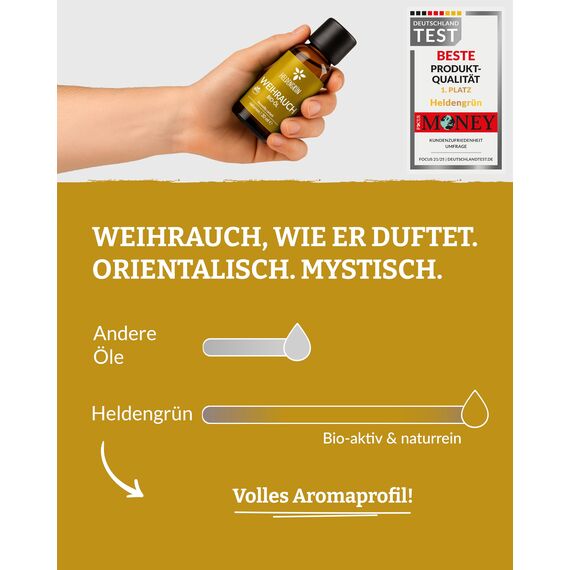 Heldengrün© BIO Weihrauchöl [100% NATURREIN] - Reines Weihrauch Öl - Duftöl Weihrauch in Parfumqualität - Nachhaltiger Wildwuchs - Frankincense Oil