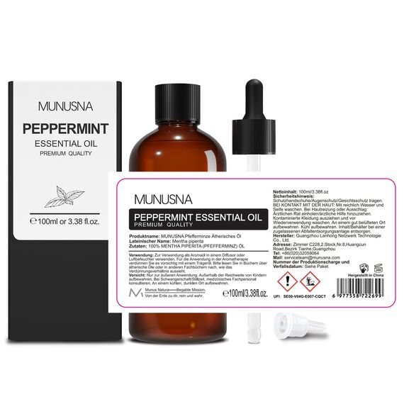 Pfefferminzöl 100ML, MUNUSNA Ätherisches Öl Pfefferminze Reines Natürlich, Sauna Aufguss, Ätherische Öle für Diffusor, Frische Luft, Duftöl für Seife, Kerzen, Peppermint Oil