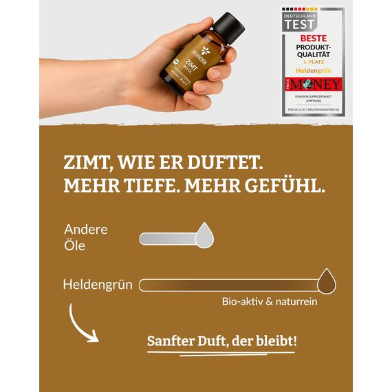Heldengrün® BIO Zimtöl [100% NATURREIN] Zertifiziertes Lebensmittel zum Einnehmen - Echtes Zimtöl ätherisch - Zimt Öl - Cinnamon Essential Oil - 3 x 30 ml